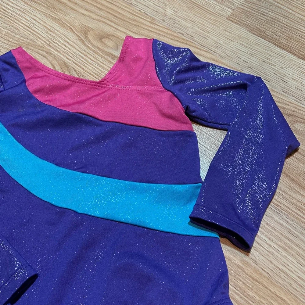 Girls Purple Sparkle Long Sleeve Gymnastics Leotard Pink Blue‎ Glitter Size 120